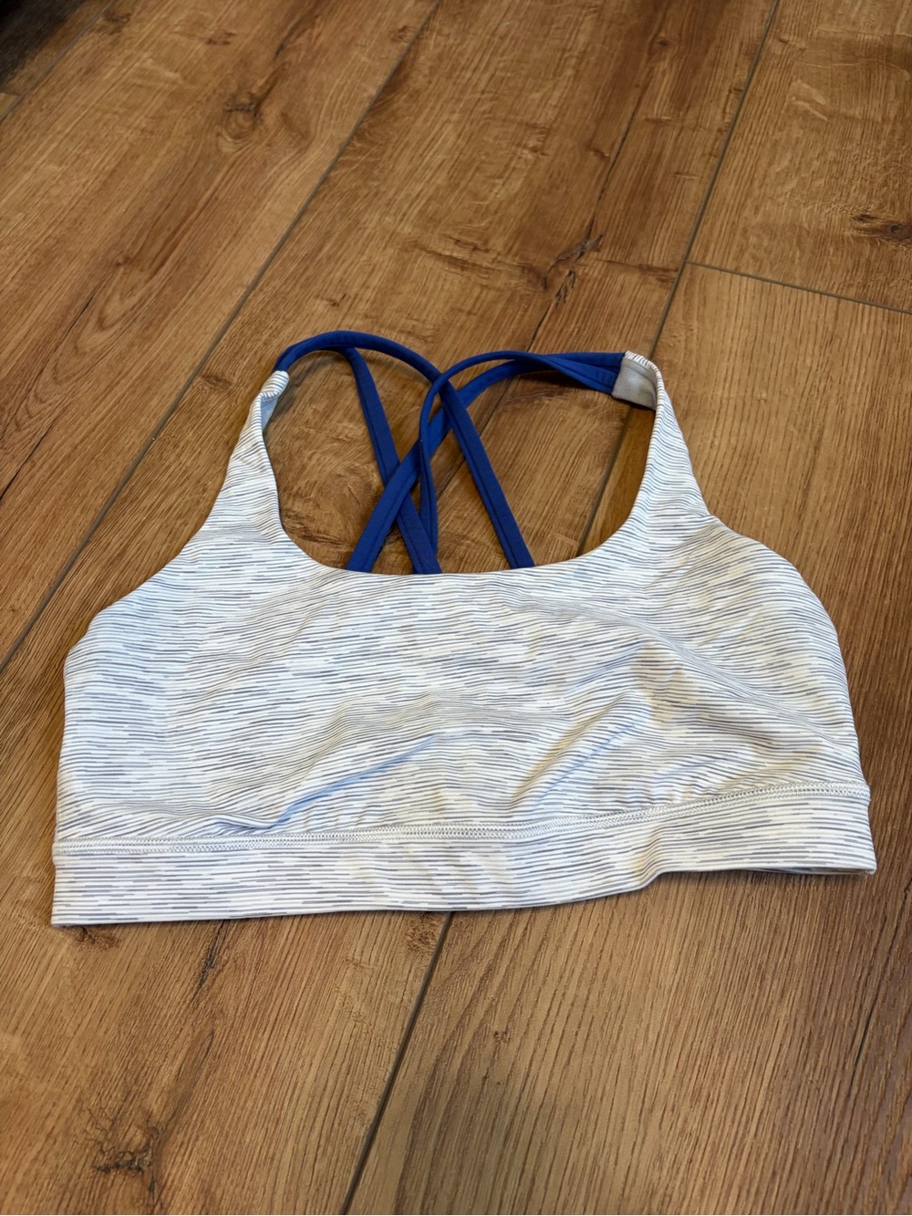 lululemon athletica Light Gray Striped Sports Bra with Blue Crisscross Straps